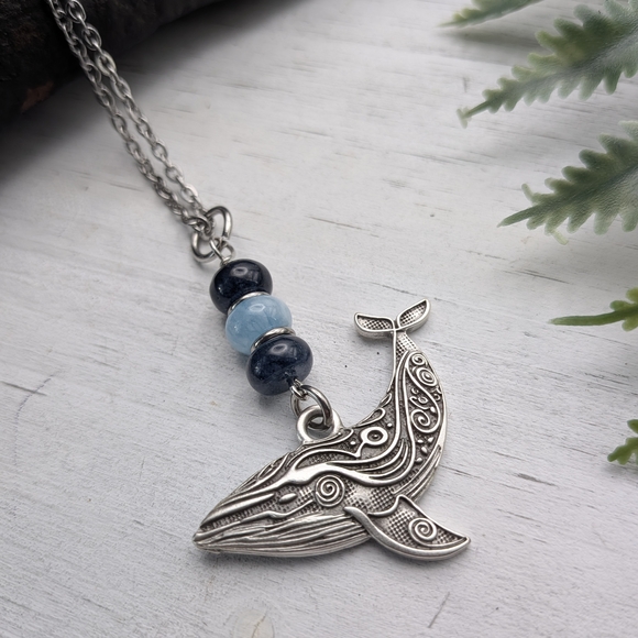Silver Whale Pendant Necklace with Blue Accents - Picture 3 of 5